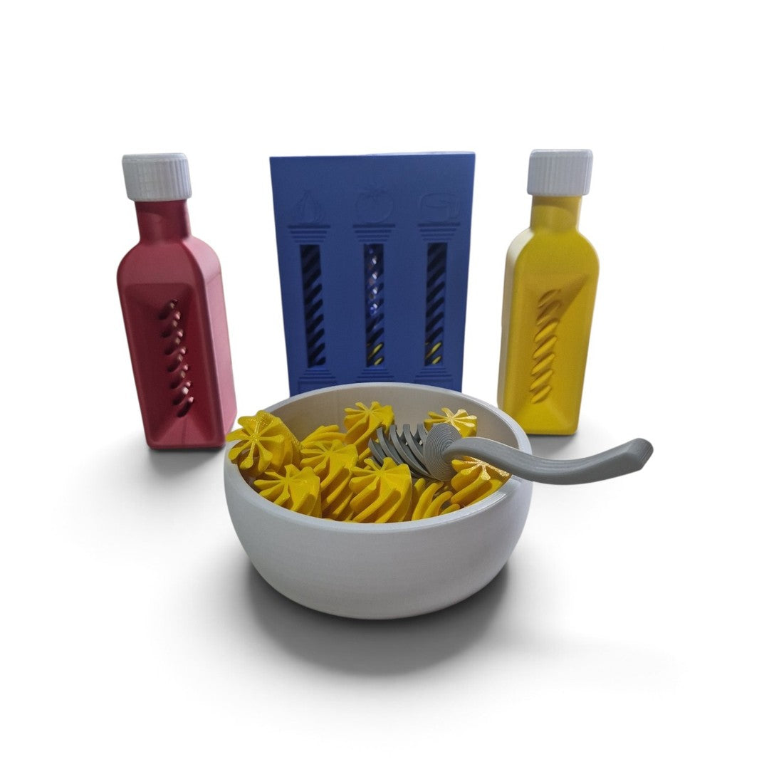 Kit Sense Massa completo: caixa de massas, garrafinhas de tempero, tigela com fusilli e garfo de rosca
