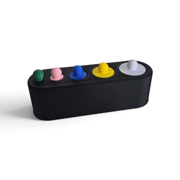 Encaixe Colorido Sense montado — base preta com cinco pinos coloridos encaixados