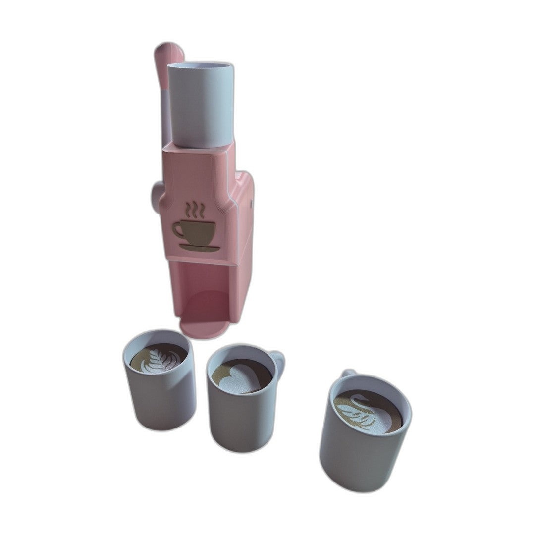 Kit Cafeteira Sense — cafeteira rosa com alavanca e canecas com latte art
